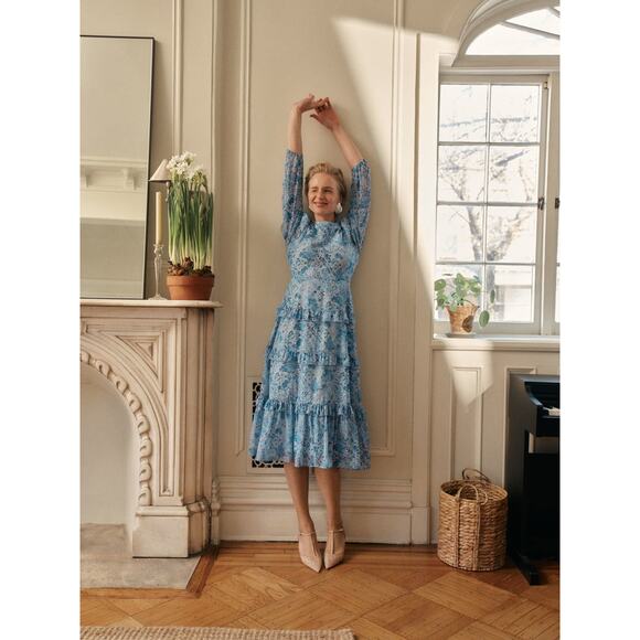 HYACINTH HOUSE Blue Multi Abstract Floral Rosalind Ruffle Midi Dress Size XL NWT - Picture 8 of 10